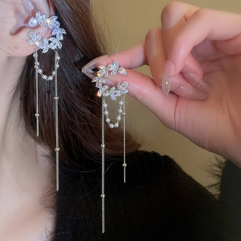 Orecchini Ear Cuff Lunghi In Rame Zircone Foglia Forma C Perla Artificial Imitazione Senza Buco Per Donne Gioielli Eleganti