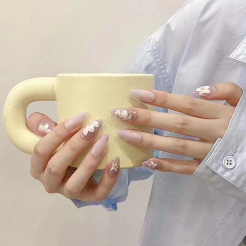 Handmade Press On Nails 3D Relief Flower Butterfly Gradient Purple Almond Shape Artificial Fingernails Sweet