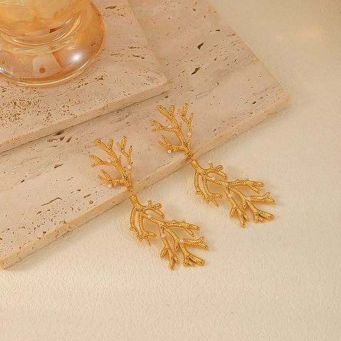 Pendientes Colgantes De Rama De Coral Irregular Acero Inoxidable Chapado En Oro De 18K Con Perla Artificial De Imitación Joyería