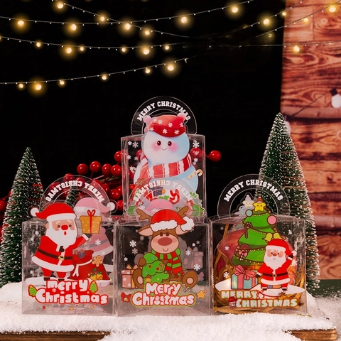 Christmas Clear PET Plastic Gift Boxes With Handle Cartoon Santa Reindeer Snowman Pattern For Holiday Apple Candy Packaging
