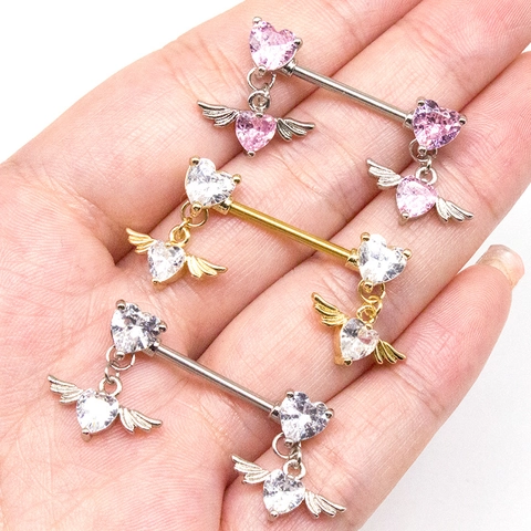 Heart Shape Nipple Rings 316L Stainless Steel Barbell Angel Wings Zirconia Pendant Body Piercing Jewelry