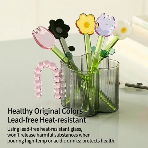 Flower Glass Stirring Spoon Long Handle Heat Resistant High Borosilicate Colorful Dessert Ice Cream Cute Coffee Stick