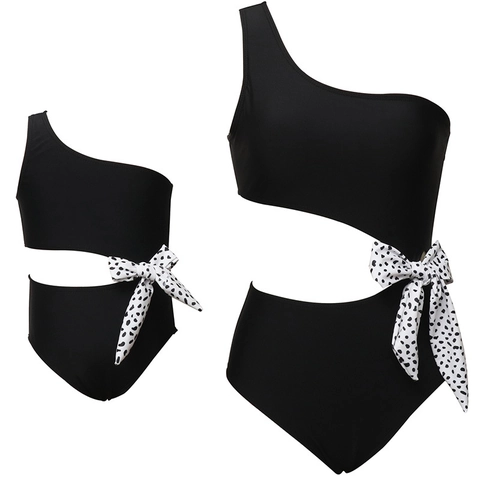 Mother Daughter Family Matching Swimwear Asymmetric Shoulder Cutout Waist Monokini Bathing Suit Tropical Floral Bow