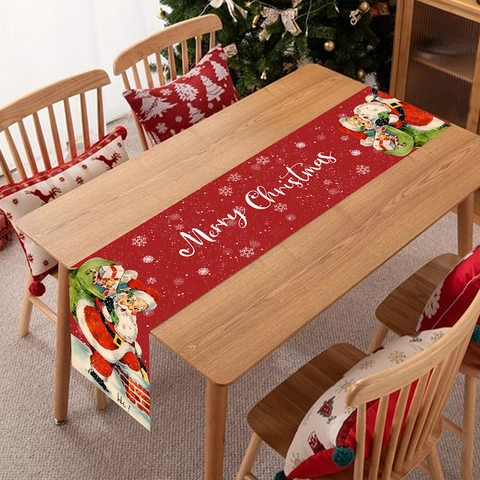 Christmas Table Runner Polyester Fabric Santa Claus Chimney Pattern Holiday Dining Room Party Table Decoration Red Vintage Style