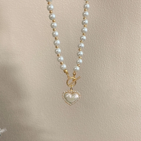 Elegant Heart Pendant Artificial Pearl Necklace With Rhinestone And Gold Toggle Clasp French Vintage Style For Women