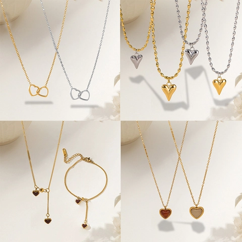 Fashion Stainless Steel Heart Jewelry Set For Women Gold Plated Shell Rhinestone Heart Pendant Necklace Earrings Bracelet Set