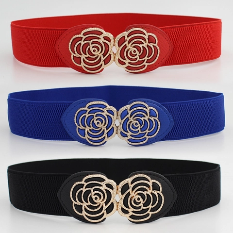 Women Elastic Cinch Belt Rose Flowers Interlocking Alloy Buckle Stretch Waist Seal Decoration For Dresses