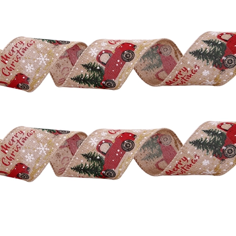 Nastro Natalizio Bordo Metallico Finta Juta Camion Retrò Albero Stampato Per Confezioni Regalo Fai Da Te Decorazione Festiva