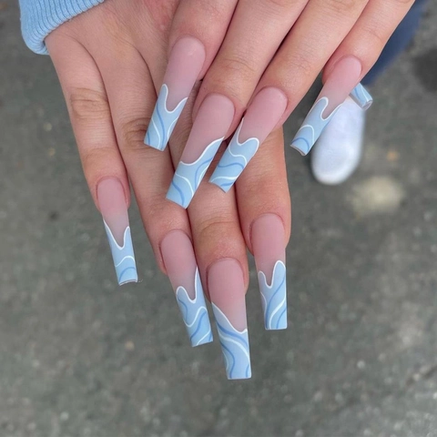 Extra Lange Sargform Künstliche Nägel Blau Weiß Wasserwellen Matt Ballerina Drucknägel Für Damen