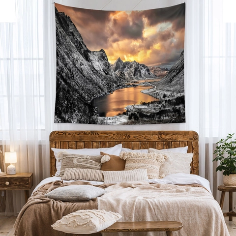 Tapiz Paisaje Poliéster Montañas Nevadas Lago Atardecer Decoración De Pared Para Dormitorio Sala De Estar Estilo Naturaleza
