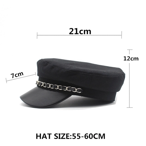 Casquette Gavroche Visière En Cuir PU Décor Chaîne Métallique Chapeau Militaire Coton Polyester Réglable