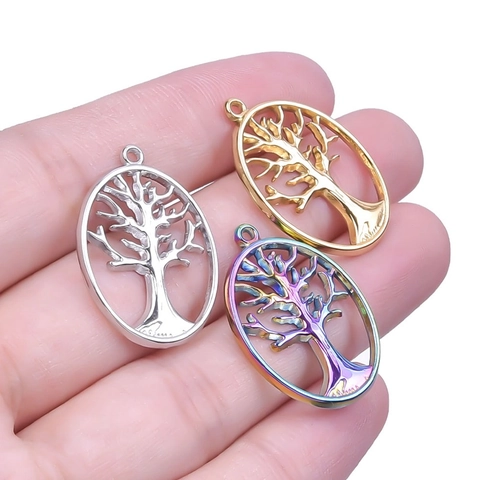 Collana Pendente Albero Della Vita Acciaio Inossidabile Design Ovale Cavo Placcato Oro 18K Iridescente Arcobaleno Gioielli Donna