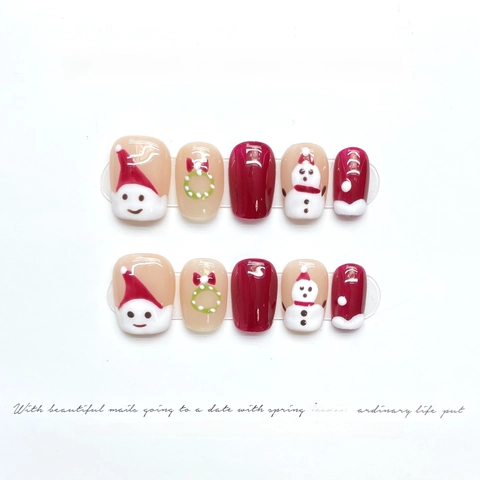 Christmas Press On Nails Handmade Reindeer Snowman Red Glossy Reusable Artificial False Finger Nails Holiday Party Women