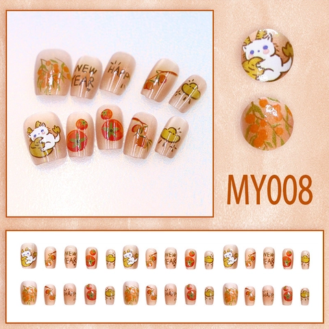 New Year Theme Cat Eye Press On Nails Cartoon Illustration Persimmon Design Cute Glossy False Nails