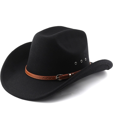 Vintage Western Cowboy Hat For Men Women Wide Brim Felt Jazz Fedora With Leather Belt Buckle Breathable Holes