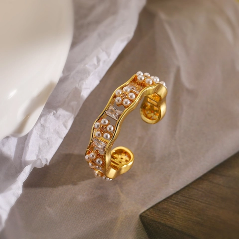Adjustable Open Ring Copper 18K Gold Plated Artificial Pearl Zircon Geometric Wave Light Luxury Elegant Jewelry For Women