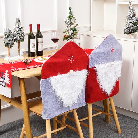 Christmas Gnome Santa Chair Covers Non-woven Fabric Red Grey Chair Back Covers With Plush Beard For Holiday Party Decor