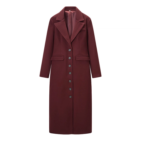 Women Long Woolen Coat Elegant Lapel Single Breasted Belted Slim Fit Solid Color Winter Overcoat Outwear