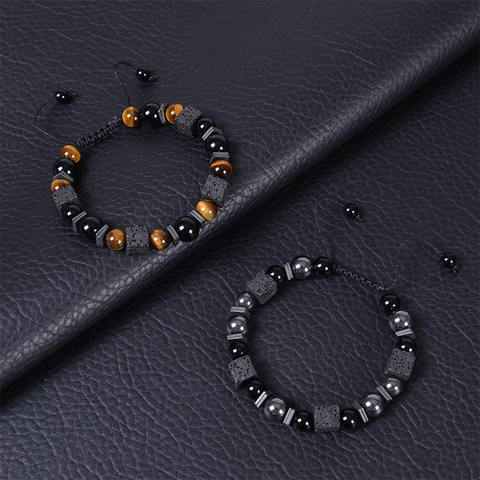 Natural Tiger Eye Stone Bracelet Men Black Obsidian Square Lava Rock Beads Adjustable Braided Rope Diffuser Jewelry