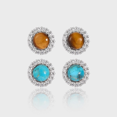 Pendientes de Botón Redondos de Plata de Ley S925 Con Turquesa Natural Ojo de Tigre Circonia Incrustada Joyería Vintage para Mujer