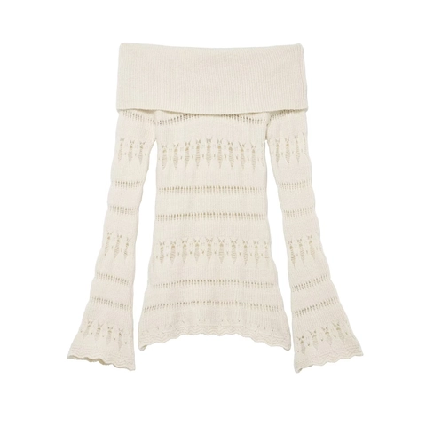 Pull À Épaules Dénudées Tricot Ajouré Manches Évasées Ourlet Ondulé Crème Acrylique Polyester Pour Femmes