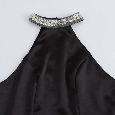 Elegant Halter Neck Maxi Dress With Rhinestone Embellished Collar Sleeveless Satin Evening Party Bodycon Gown For Women