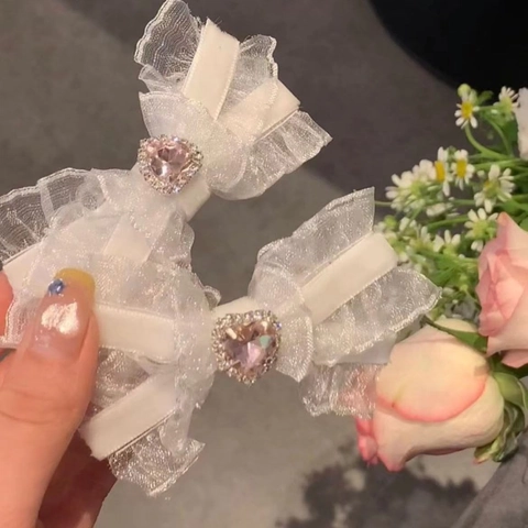 Pinzas Para El Cabello Con Lazo Dulce Encaje Satén Cinta Estrás Decoración De Corazón Horquilla Pico De Pato Accesorios Mujeres Niñas