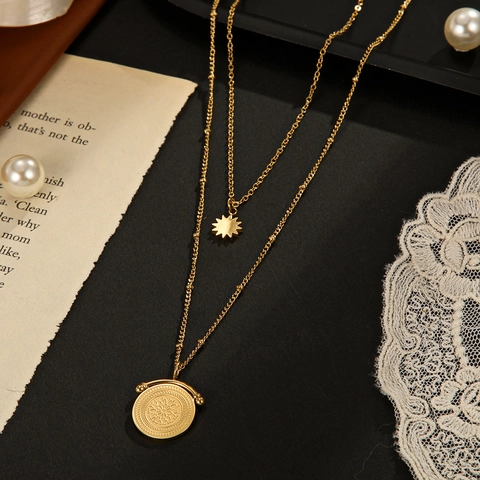 Double Layer Necklace 304 Stainless Steel Gold Sun Star Round Coin Medallion Pendant Retro Aesthetic Fashion Jewelry