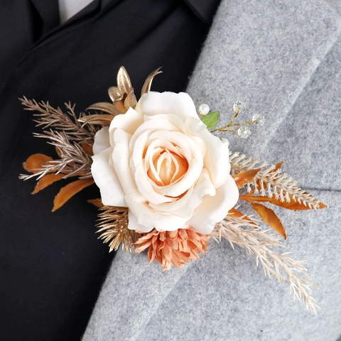 Künstliche Rose Ansteckblume Und Handgelenk Corsage Satinnblume Mit Kunstperlen Goldblättern Für Hochzeit Party Formell