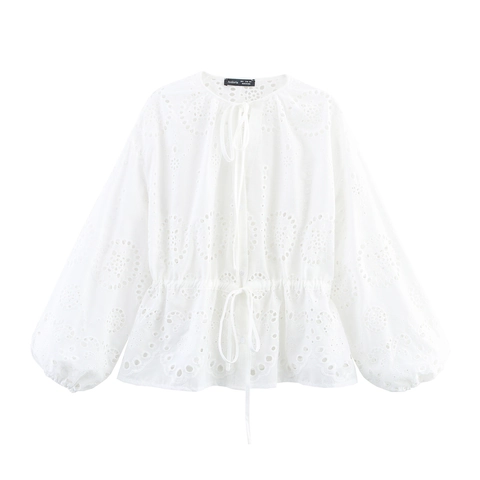 Women White Eyelet Embroidery Blouse French Style Hollow Out Lantern Sleeve Drawstring Waist Long Sleeve Elegant Top