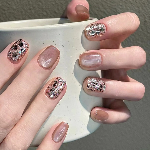 Unghie Finte Press On Cat Eye Cristallo Glitter Corto Quadrato Tondo Unghie Artificiali Per Donne Manicure Lucido Plastica ABS