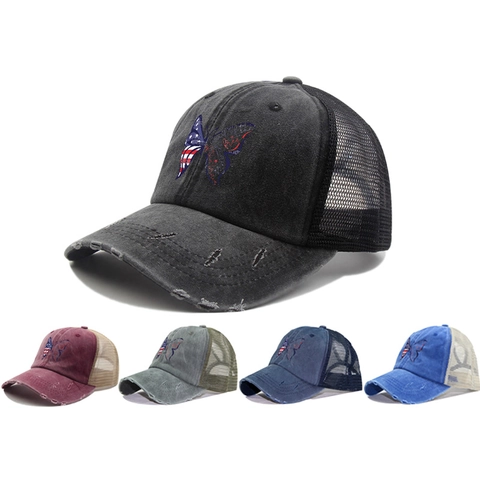 Washed Cotton Ponytail Baseball Cap Mit Mesh Rücken Distressed Schmetterling Amerikanische Flagge Stickerei Damen