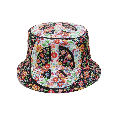 Women's Floral Print Bucket Hat With Peace Sign Pattern Hip Hop Sun Hat Polyester Summer Beach Cap For Outdoor Travel