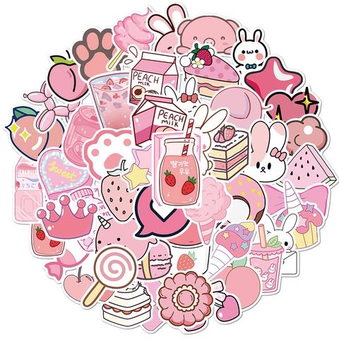 Pink Cartoon Stickers Waterproof PVC Vinyl Decals For Laptop Skateboard Luggage Guitar Cute Aesthetic Pink Girl Style Decorative Graffiti Labels