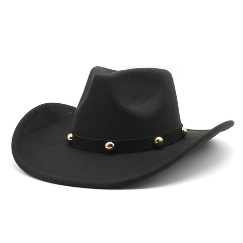 Western Cowboy Hat Wide Brim Felt Fedora With Golden Rivets Decorative Band Jazz Style Panama