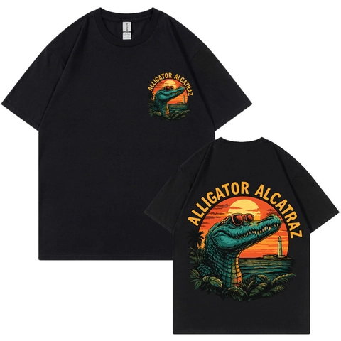 Alligator Alcatraz Print Cotton T-Shirt Vintage Casual Short Sleeve Crew Neck Top For Men Women