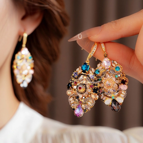 Vintage Baroque Water Drop Dangle Earrings Multi Color Crystal Glass 925 Sterling Silver Earring Post Palace Style Women