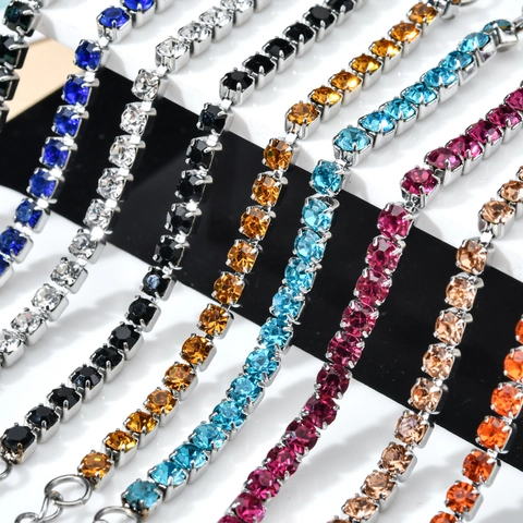 Stainless Steel Spliced Tennis Bracelet Colorful Rhinestone Paperclip Chain Adjustable Hand Jewelry For Women