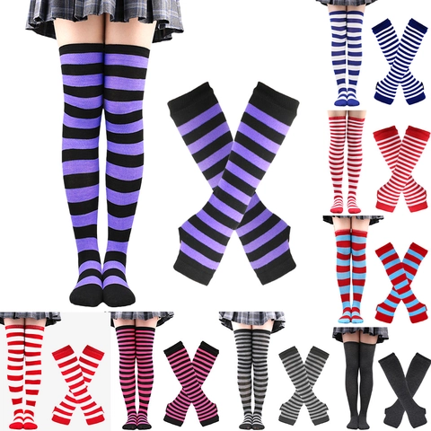 Striped Thigh High Socks And Arm Warmers Polyester Cotton Knit Over The Knee Stockings Long Fingerless Gloves Halloween Cosplay