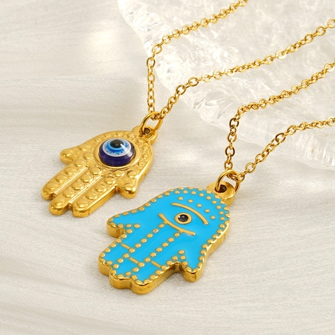 Hamsa Hand Böser Blick Anhänger Halskette 18K Vergoldeter Edelstahl Blaues Emaille Türkischer Retro Schmuck Für Damen