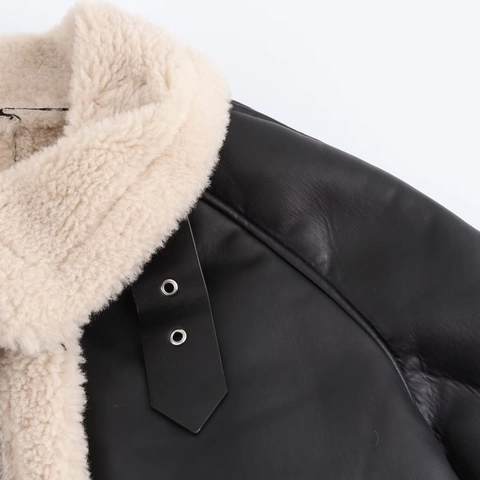 Women Faux Leather Jacket Contrast Faux Shearling Lining Loose Fit Single Breasted Winter Coat Casual Outerwear