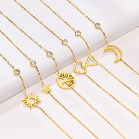 Bracciale Donna Minimalista Acciaio Inossidabile Placcato Oro AAA Zirconia Sole Luna Stella Albero Della Vita Ciondoli Gioielli Regolabili