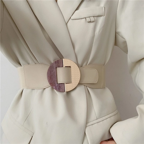 Women Wide Elastic Waist Belt Faux Leather Round Resin Alloy Buckle Vintage Corset Waist Seal Retro Dresses Accessory