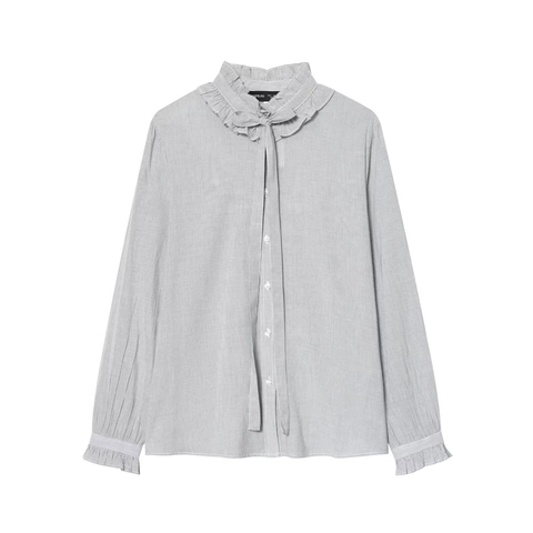 Striped Blouse Polyester Ruffle Stand Collar Bow Tie Long Sleeve Button Down Shirt Elegant Sweet Top For Women
