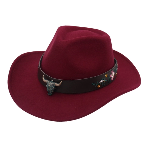 Cappello Da Cowboy Occidentale Feltro Tesa Larga Fedora Con Ciondolo Testa Di Toro In Metallo E Ricamo Floreale