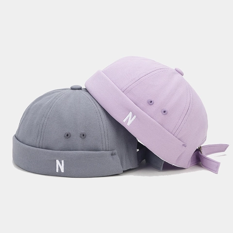 Vintage Cotton Canvas Brimless Docker Hat With N Letter Embroidery Adjustable Metal Buckle Retro Street Style Miki Hat