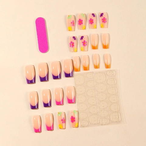 Press On Nails Mid Long Square Shape Colorful French Tips 3D Flower Print Artificial Fake Nails For DIY Manicure