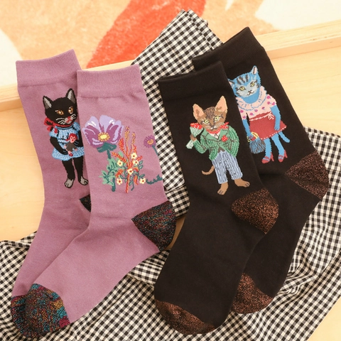 Women Cartoon Animal Cotton Blend Socks Vintage Floral Jacquard Mid-Calf Crew Socks For Women Artistic Casual Fashion Socks