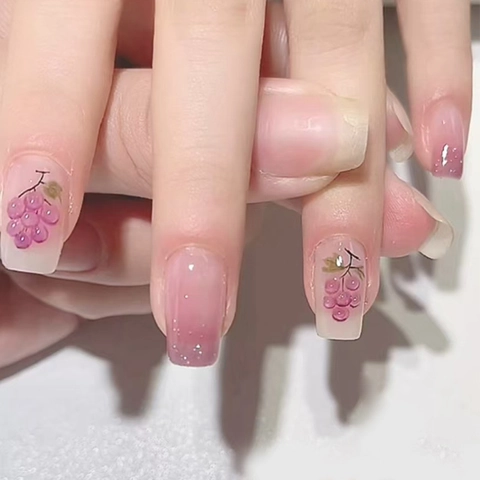 Lila Gradient 3D Traube Frucht Künstliche Fingernägel Glitzer Französischer Stil Quadratisch Abnehmbar Für Frauen