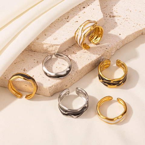 Anillo Ajustable Abierto Minimalista de Acero Inoxidable 304 Mujeres Hombres Esmalte Geométrico Onda Irregular Joyería